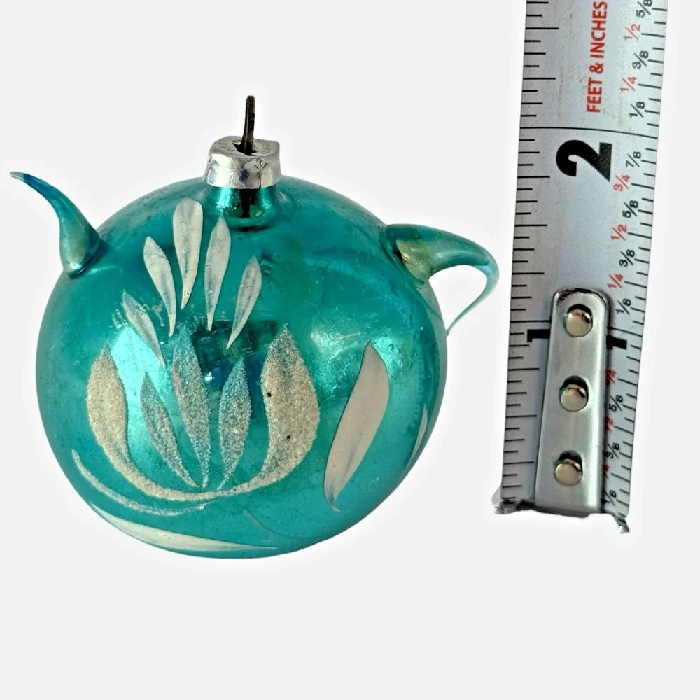 West Germany Teapot Christmas Ornament OS Aqua Blue Good Vintage Glass Floral